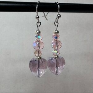 Hand Crafted Iridescent Heart & Beaded Dangle Earrings Silver 1.5” NWT